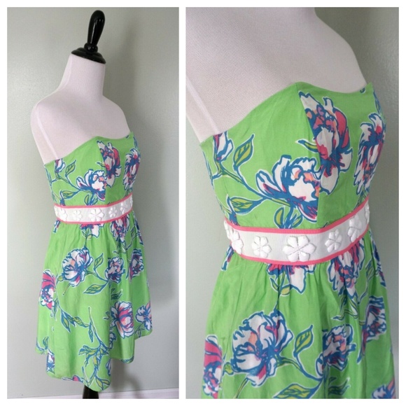 LILLY PULITZER Green Pink White Floral Dress Sz 2 - Picture 3 of 5